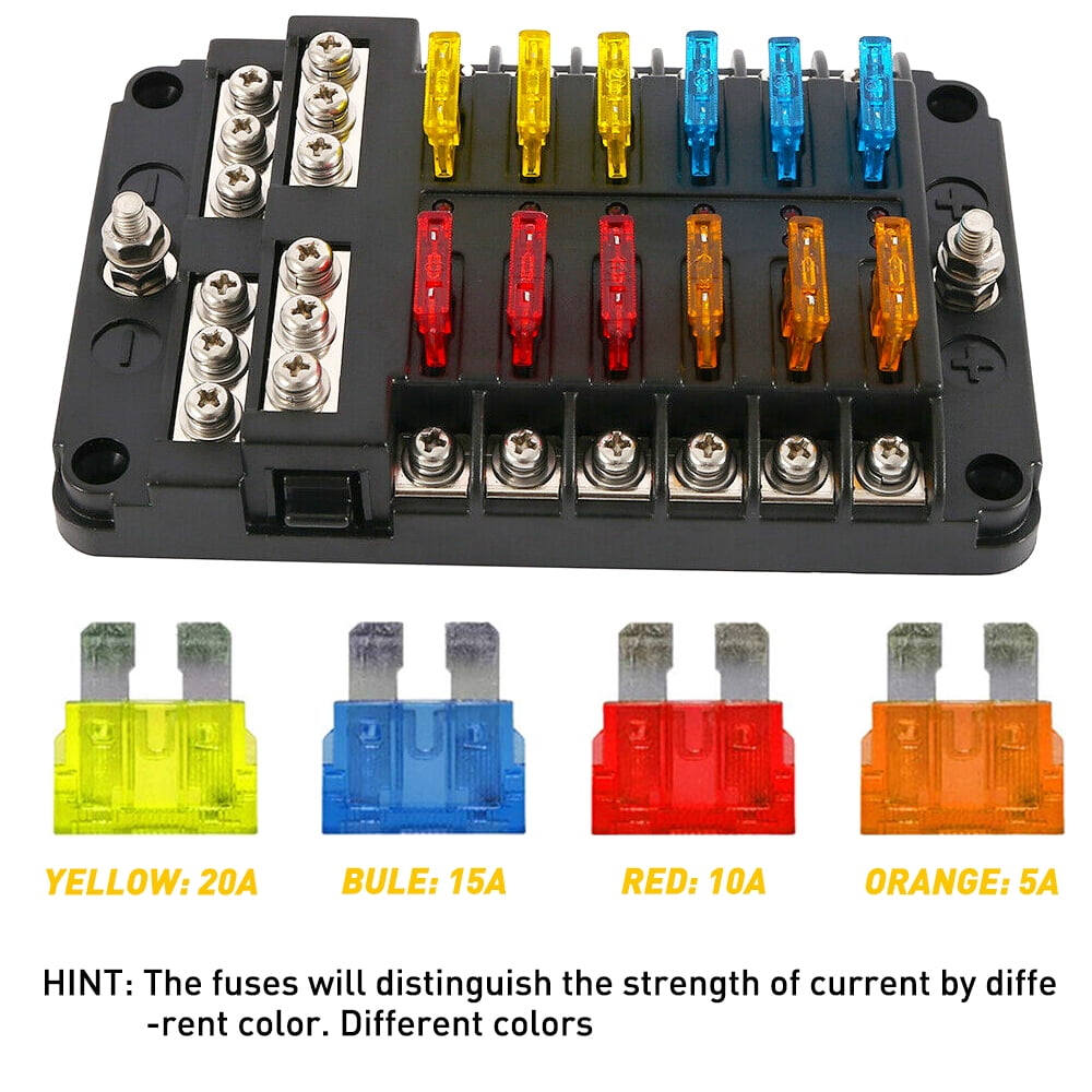 12 Way 12V Blade Fuse Block,12 Circuit ATC/ATO Fuse Box Holder with LED Indicator Waterpoof Cover for 12V Automotive Truck Boat Marine RV Van Vehicle with 24 pcs Fuse