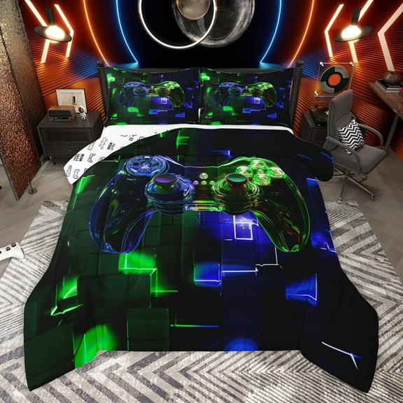 Manfei Video Gamepads 2pcs Bedding Comforter Set for Teens Female Men,Futuristic Cubes Twin Comforter Sets,Gradient Ombre Gamepads Breathable Bedding Set,Super Cozy Room Decor,Reversible