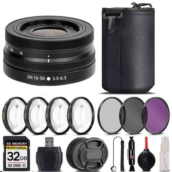 Nikon NIKKOR Z DX 16-50mm f/3.5-6.3 VR Lens (Black)   4PC Macro Kit   UV, CPL, FLD Filter - 32GB Kit (International Version)