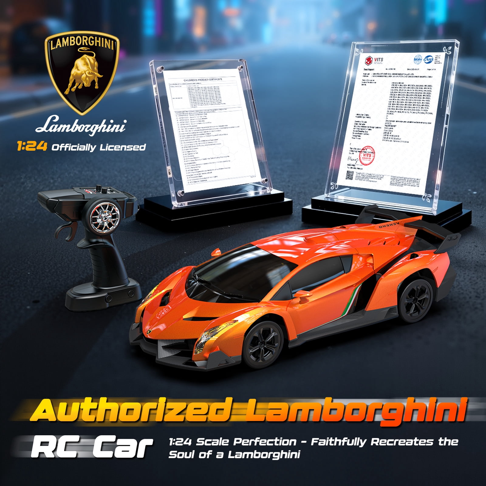 Lamborghini Remote Control Car Toy, Officially Licensed RC Drift Car 15Km/h with Underglow & Headlights, 1:24 Scale 2.4GHz, 2 Batteries 60 Min Play, RC Gift Toy for Boys & Girls Ages 3-12 & Adults