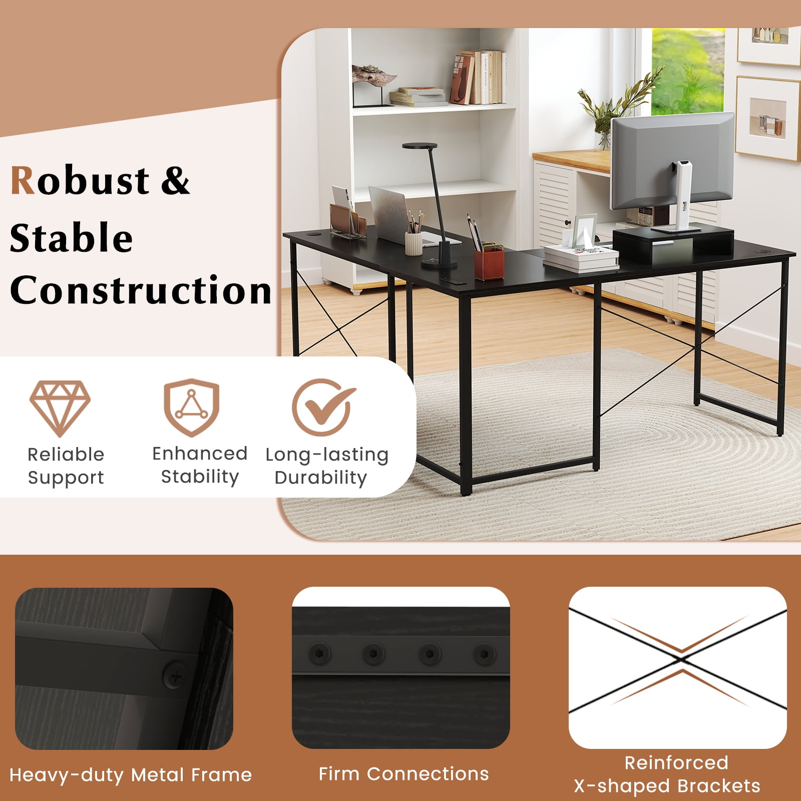Giantex 95 Inch Reversible Corner Desk, L-Shaped Computer Desk w/Monitor Stand & 3 Cable Holes, 2-Person Long Study Writing Desk for ome Office, Black