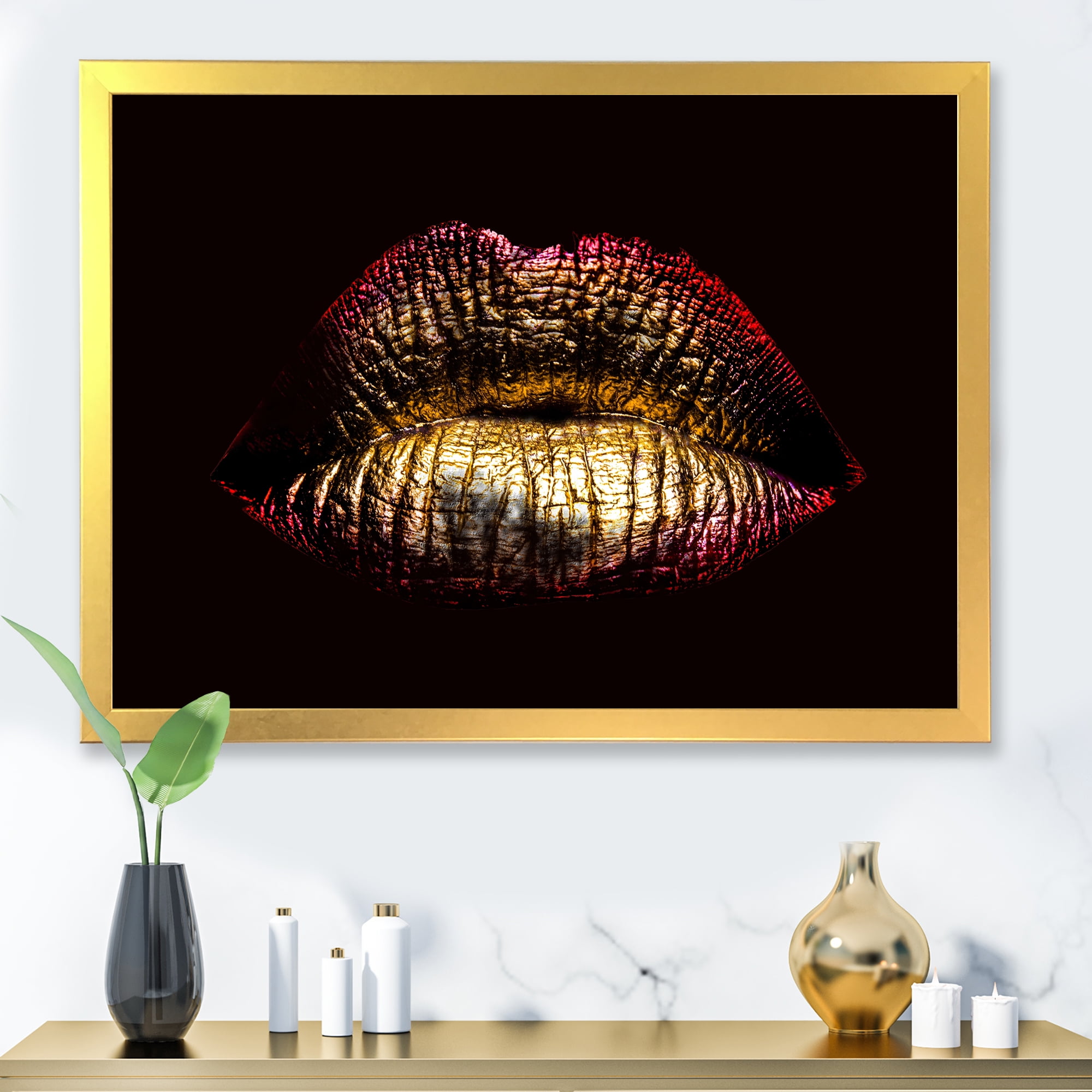 Designart 'Sexy Golden Metallized Woman Lips IV' Modern Framed Art Print