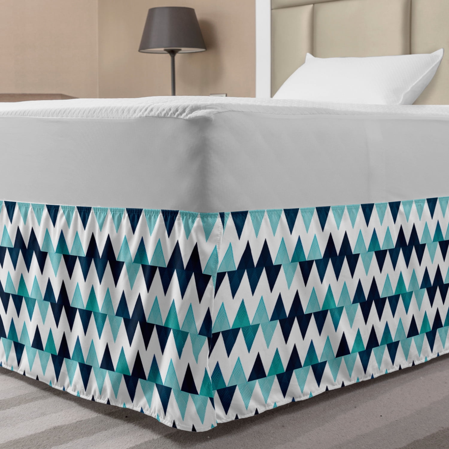 Blue and White Bed Skirt, Horizontal Zigzag Borders with Striped Design