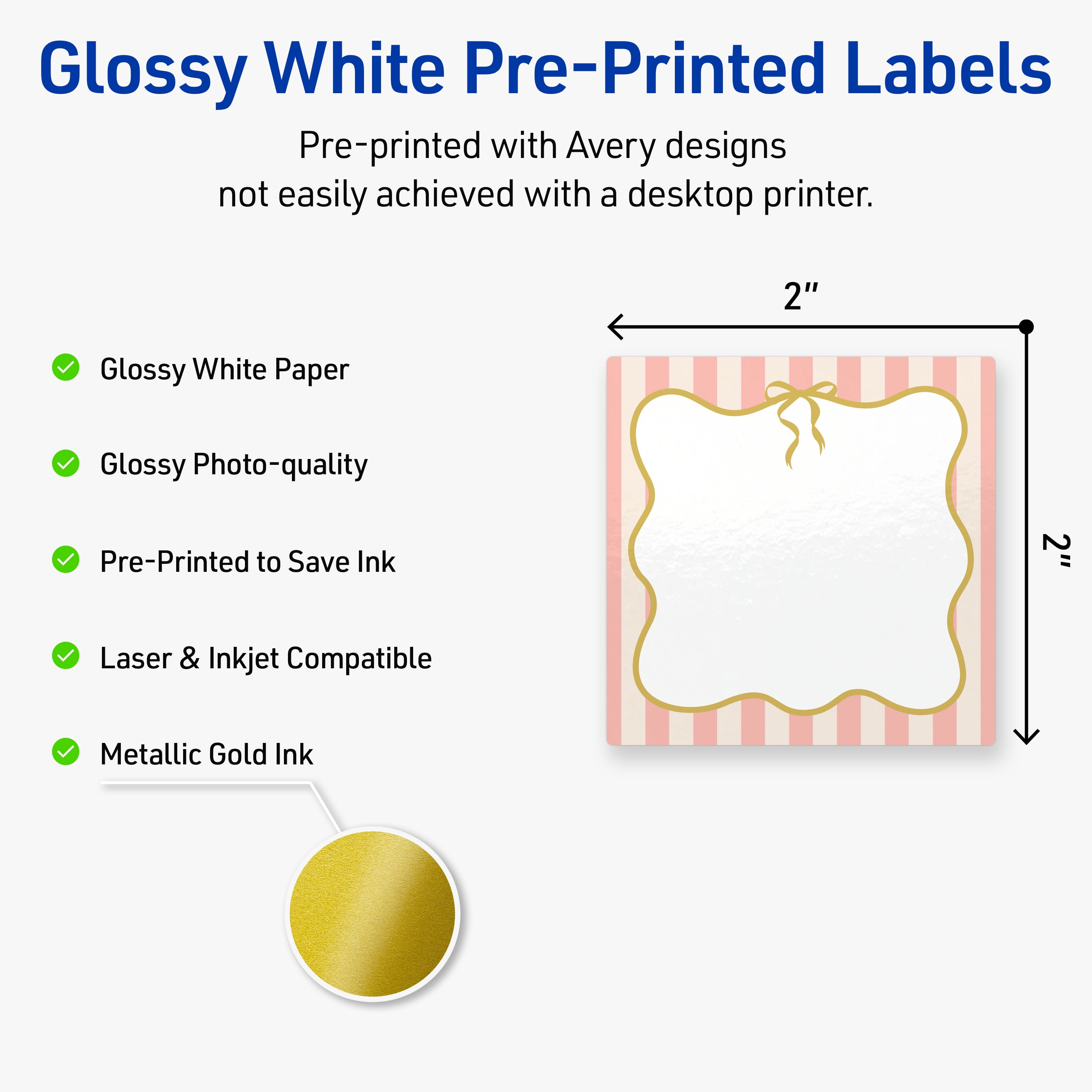 Avery Square Labels, 2" x 2", Pink Stripes with Gold Bow, Glossy