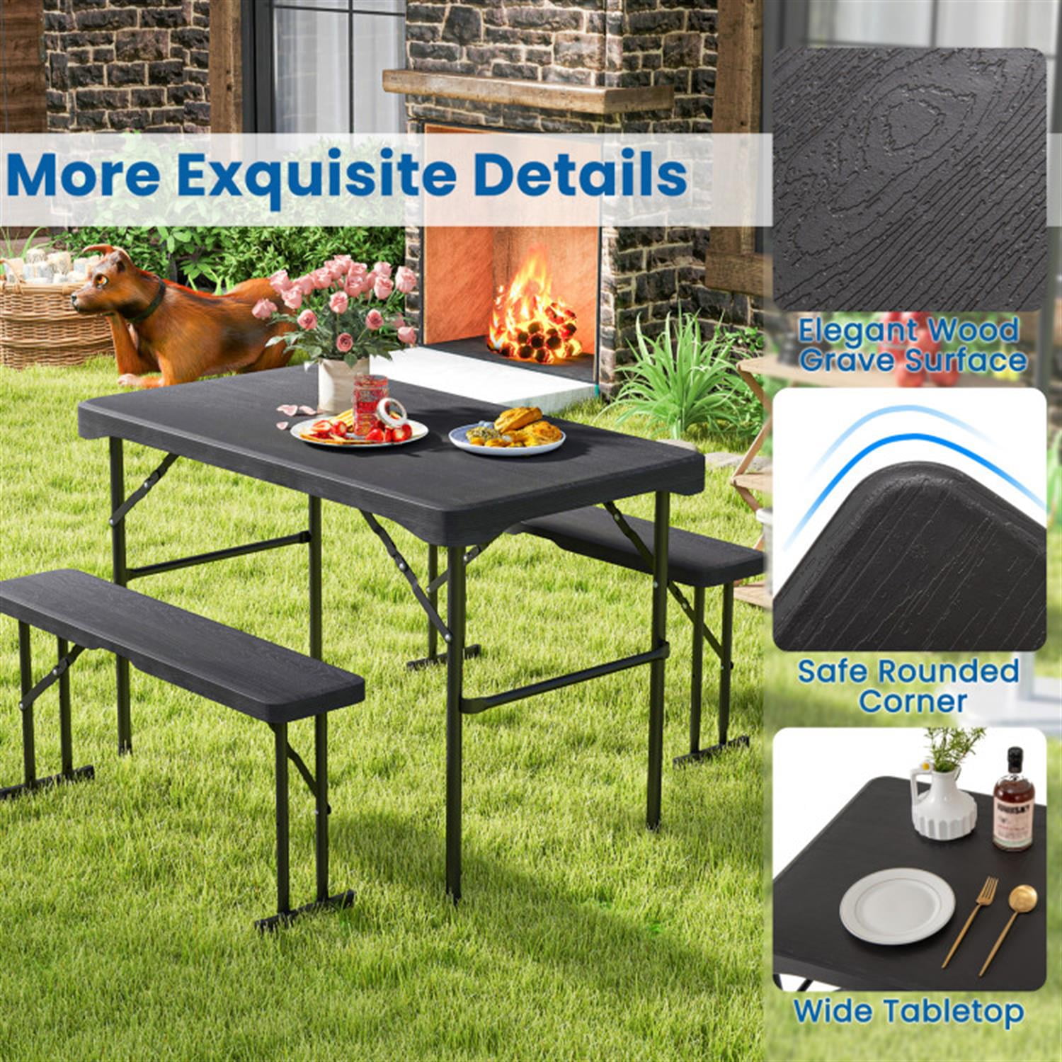 Demi Bonn Outdoor Folding Table Bench Set with All-Weather HDPE Tabletop and Sturdy Metal Frame for Parties Wedding BBQ Camping, Black
