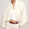 thumbnail image 5 of ZGRBOU Women's Cropped Puff Sleeve Bomber Jacket Collared Zip Front Coat Fasion Casual Lightweight Pleated Shirts, 5 of 5
