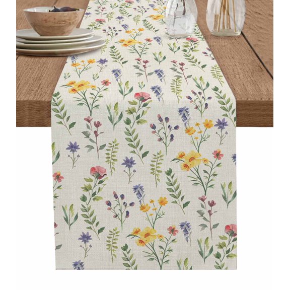 ERUNPONLY Wildflowers Blossom Table Runner - 36 Inch Long Spring Pastoral Botanical Flowers Beige Cotton Linen Blended Dress Scarves Farmhouse Table Runner for Kitchen Dining, Coffee Table, 13"x36"
