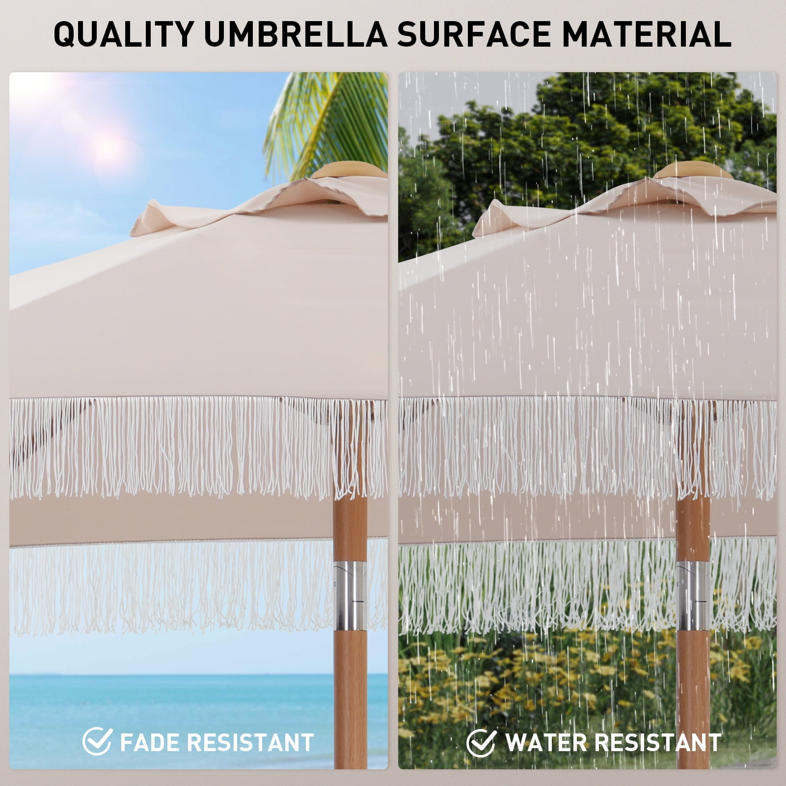 Autlaycil 7.5 ft Fringe Patio Umbrella, Outdoor Table Tassels Umbrella with Push Button Tilt and Crank - Khaki