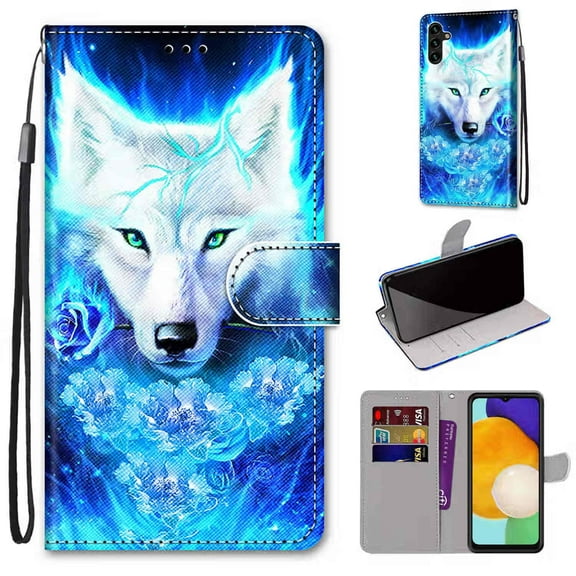 Galaxy A13 5G 6.5" 2021 Flip Wallet Case, Premium PU Leather Case with Card Slot Kickstand & Wrist Strap Shockproof Protective Case A13 5G Women Men, Wolf