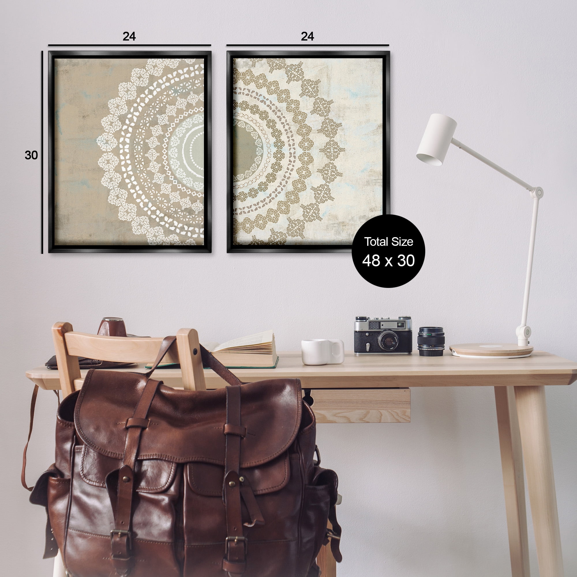 Stupell Industries Rustic Mandala Boho Pattern Abstract Painting Black Floater Framed Canvas Art Print Wall Art, 25 x 31, Set of 2