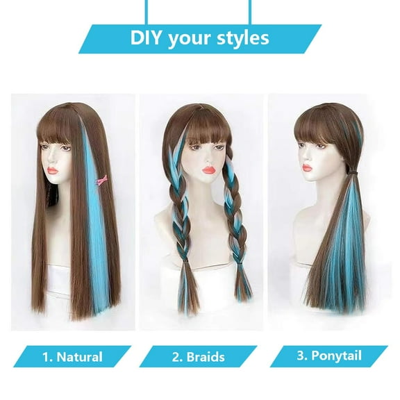 FGERFE-Colored Hair Extensions Clip In for Kids Girls Women, Teal Blue 10 Pieces Rainbow Color, 22 Inch Long Straight Highlights Party, Synthetic