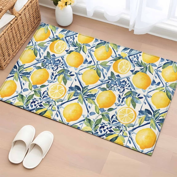 2x3 Ft Entryway Area Rug, Lemon Fruit Kitchen Rug Runner Washable Floor Mat, Spring Plants Abstract Blue Leaves Non Slip Indoor Door Mat Throw Carpet for Bathroom Living Room Bedroom