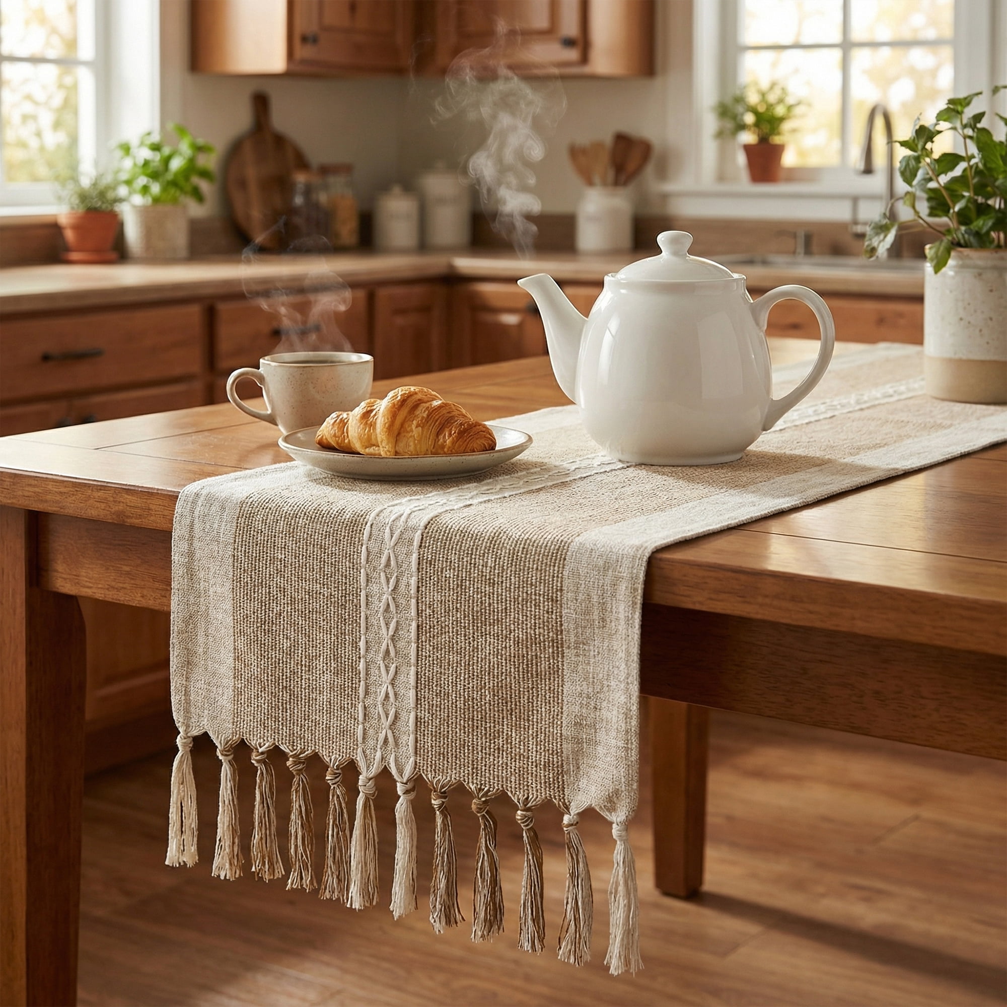 Unique Bargains Home Decorations Tassel Polyester Kitchen Runner Coffee 13x72in