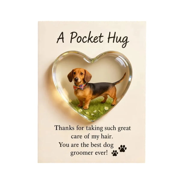 Abrazo de bolsillo para peluqueros caninos con tarjeta de felicitación de acrílico en forma de corazón. Abrazo de bolsillo para peluqueros de mascotas. Regalos de recuerdo de agradecimiento.