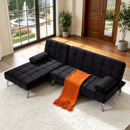 Gewnee 78.35”L-Shaped Velvet Reversible Sectional Sleeper Sofa,Futon Sofa with Adjustable Split Back & Chaise,Couch for Home,Office and Guest Room.Black