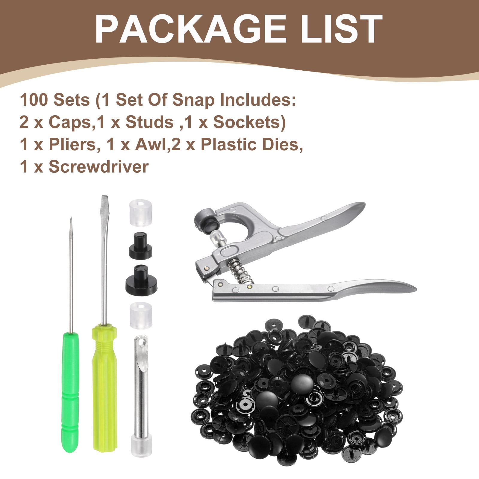 Uxcell Plastic Snaps Fasteners with Snap Pliers, 100 Set T8 Round Resin No-Sew Button Snap Fasteners Kit Black