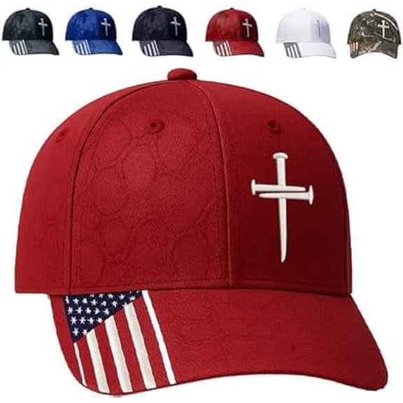 Christian 3-Nail Cross Baseball Cap | Unisex Adjustable Hat with American Flag Print | Religious Headwear for All（Red 1 PCS） ﻿ ﻿