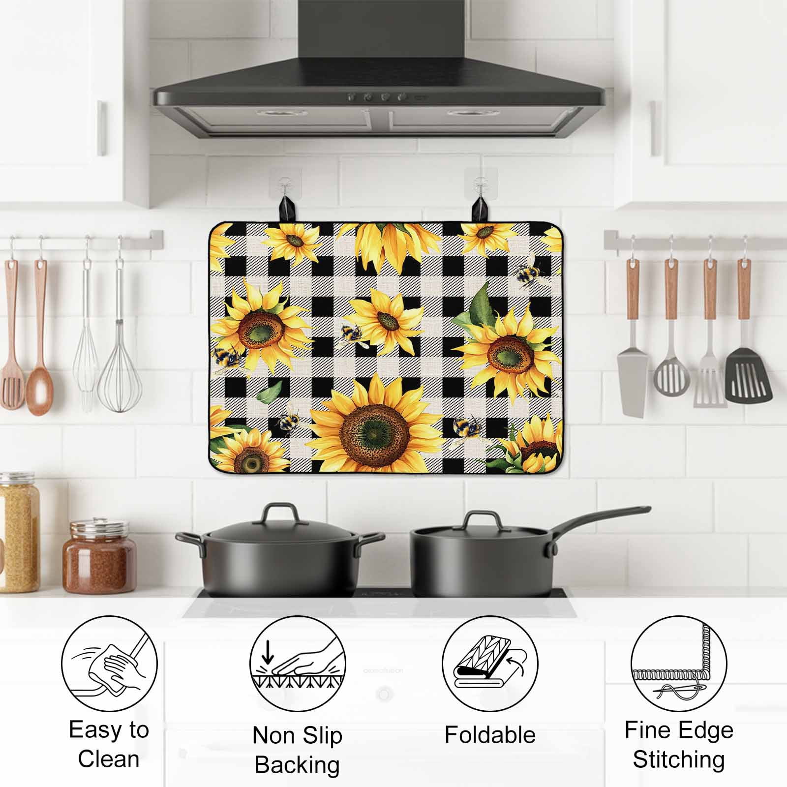 Summer Sunflowers Stove Top Cover for Electric Stove, Heat-proof & Non Slip Glass Top Stove Cover Protector, Pastoral Black Plaid Farmhouse Kitchen Flat Cooktop Rubber Mat 28.5x20.5 Inches
