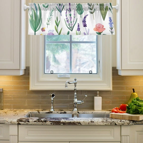 Flowers Lavender Leaves Cactus Curtain Valances Farmhouse Design Window Treatment Decor Blackout Rod Pocket for Windows Living Room Kitchen 54" x 18"