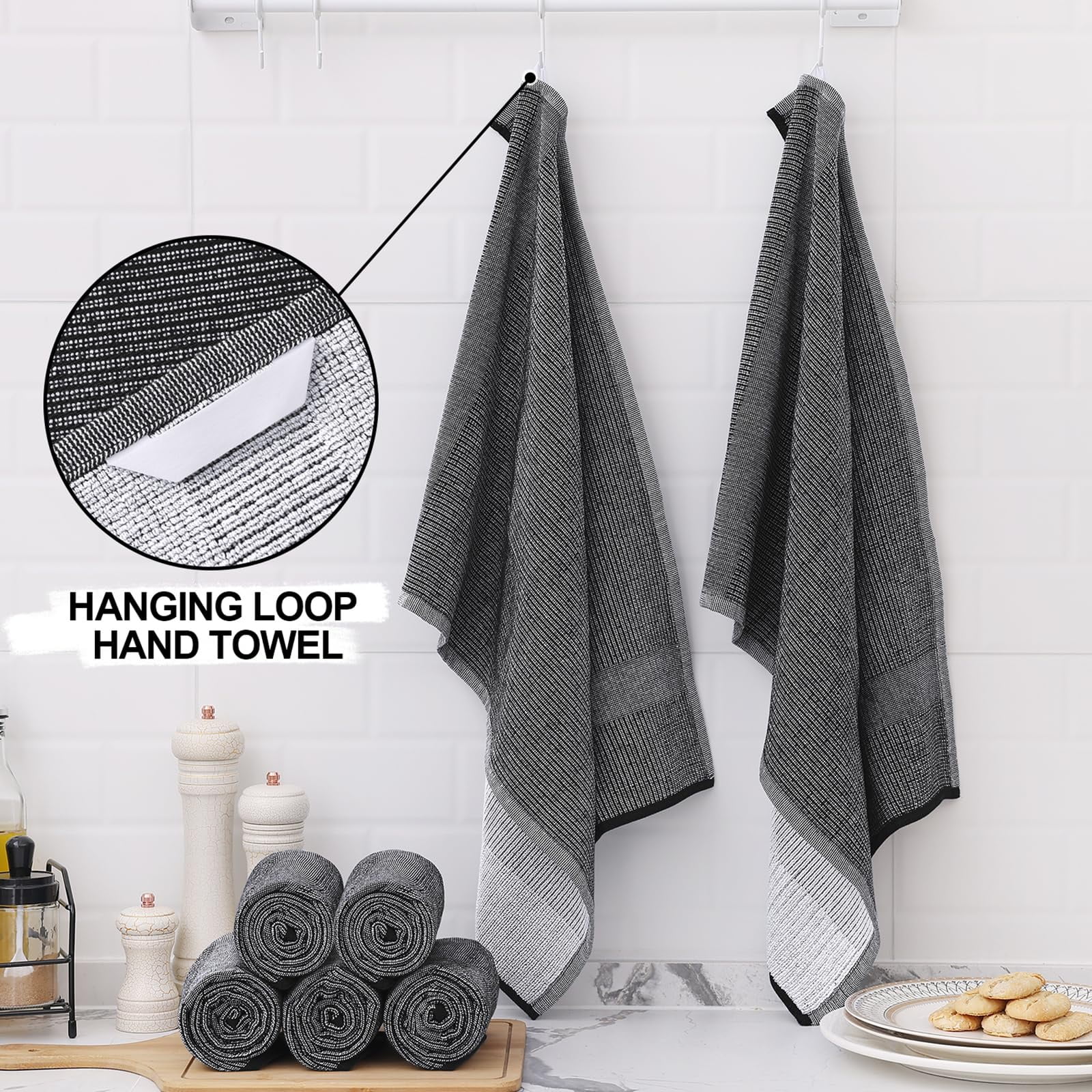 decorUhome Premium Kitchen Towels(18"x 28", 6 Pack), Large Cotton Kitchen Hand Towels, Black