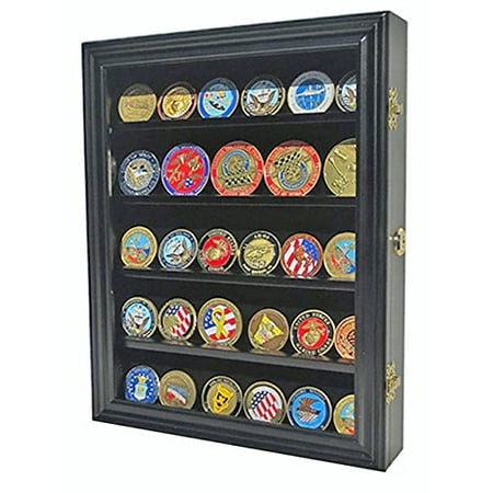Military Coin Display - LOCKABLE Military Challenge Coin Display Case Cabinet Rack Shadow Box Wood, COIN30-BL, Great Craftsmanship. Made from solid beechwood, with built-in Lock to keep.., By DisplayGifts Ship from US
