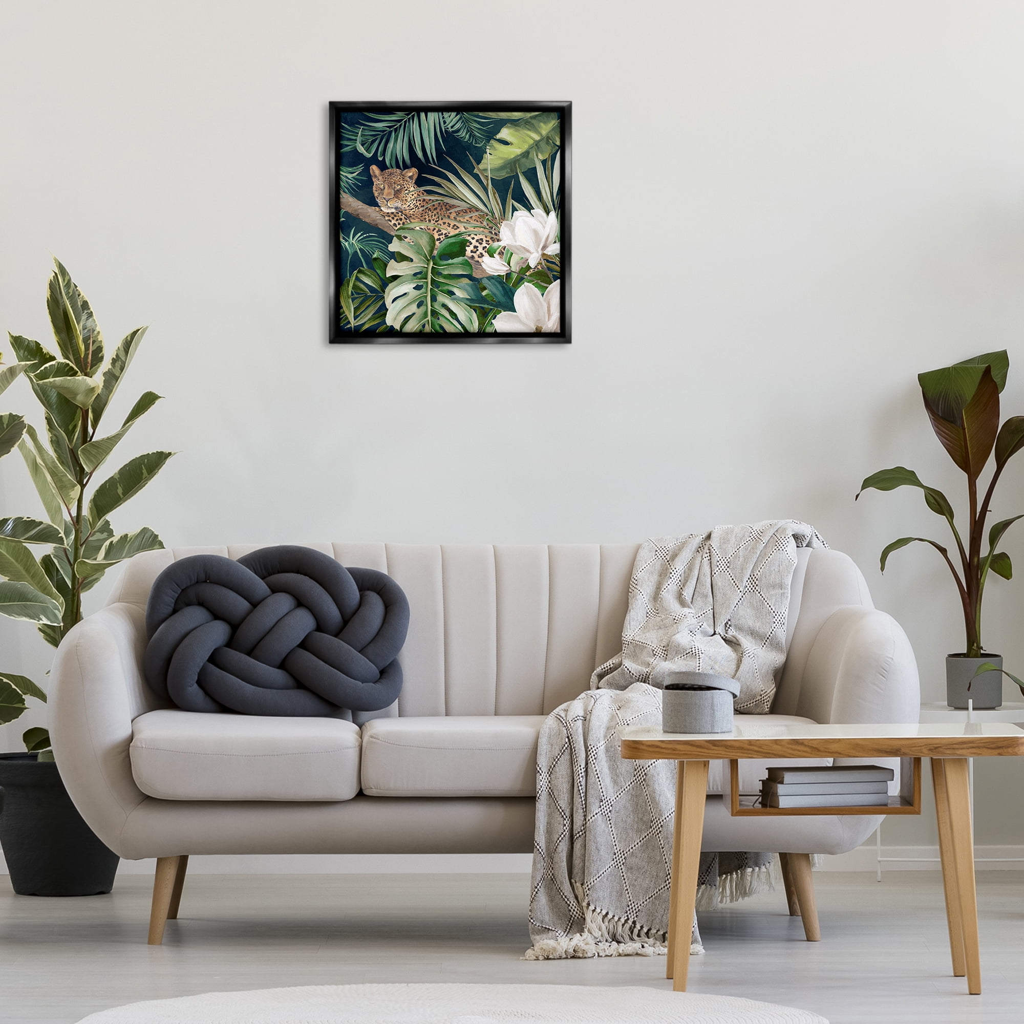 Stupell Industries Tropical Jungle Leopard Animals Painting Black Floater Framed Canvas Art Print Wall Art, 25 x 25