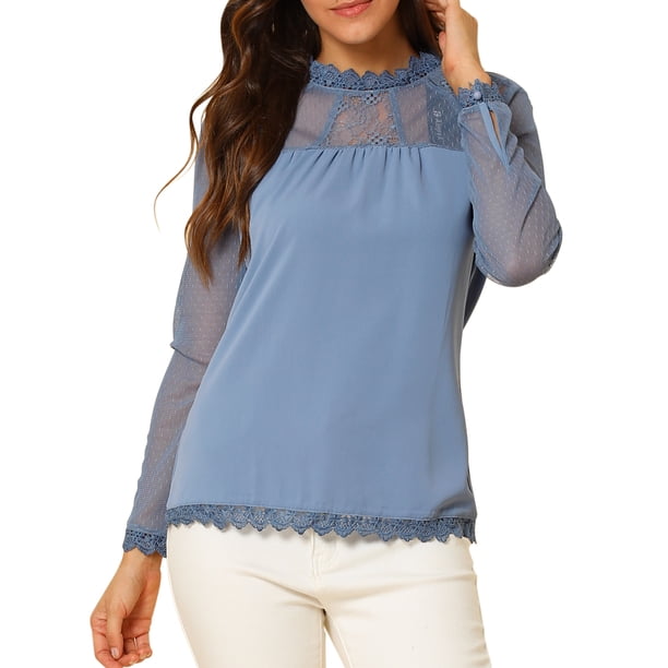 INSPIRAR CHIC Blusas Casuales de Cuello Redondo para Mujeres con Encaje Floral de Manga Larga de Chiffon Tallas S Azul Polvoriento