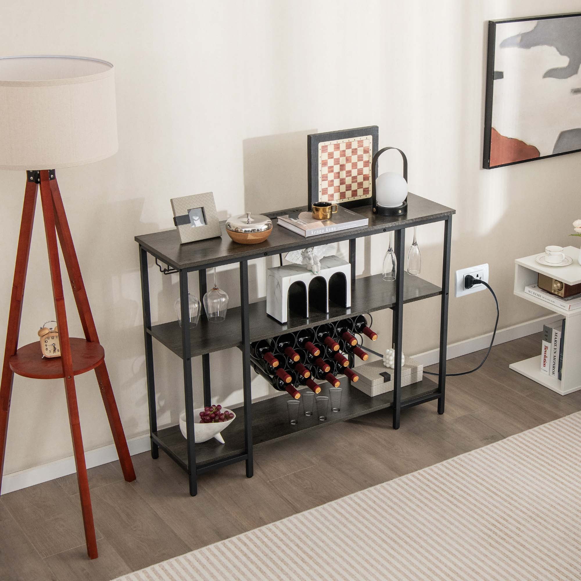 Costway  Cabinet Bar Table Rack Table for Drinks Glasses with Power Outlets Grey