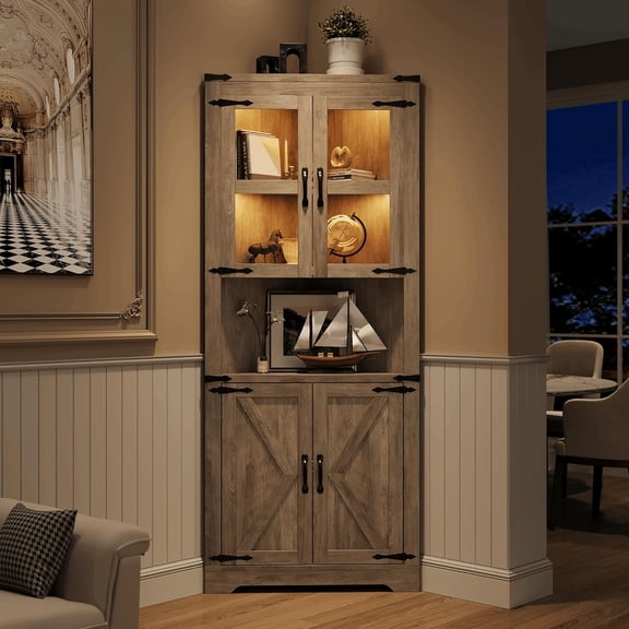 EastVita 67 inch Tall Corner Storage Cabinet with Lights Farmhouse Wooden Corner Hutch with Glass Doors Adjustable Shelves Display Cabinet Grey