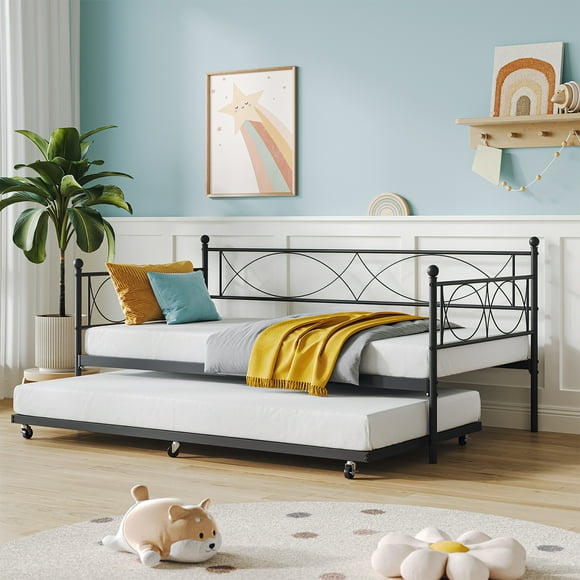 Twin Daybed with Trundle, Metal Day Bed, Sofa Bed Frame with Arched Headboard, Steel Slat Support, Sofa Day Bed for Living Room, Bedroom, Space Saving