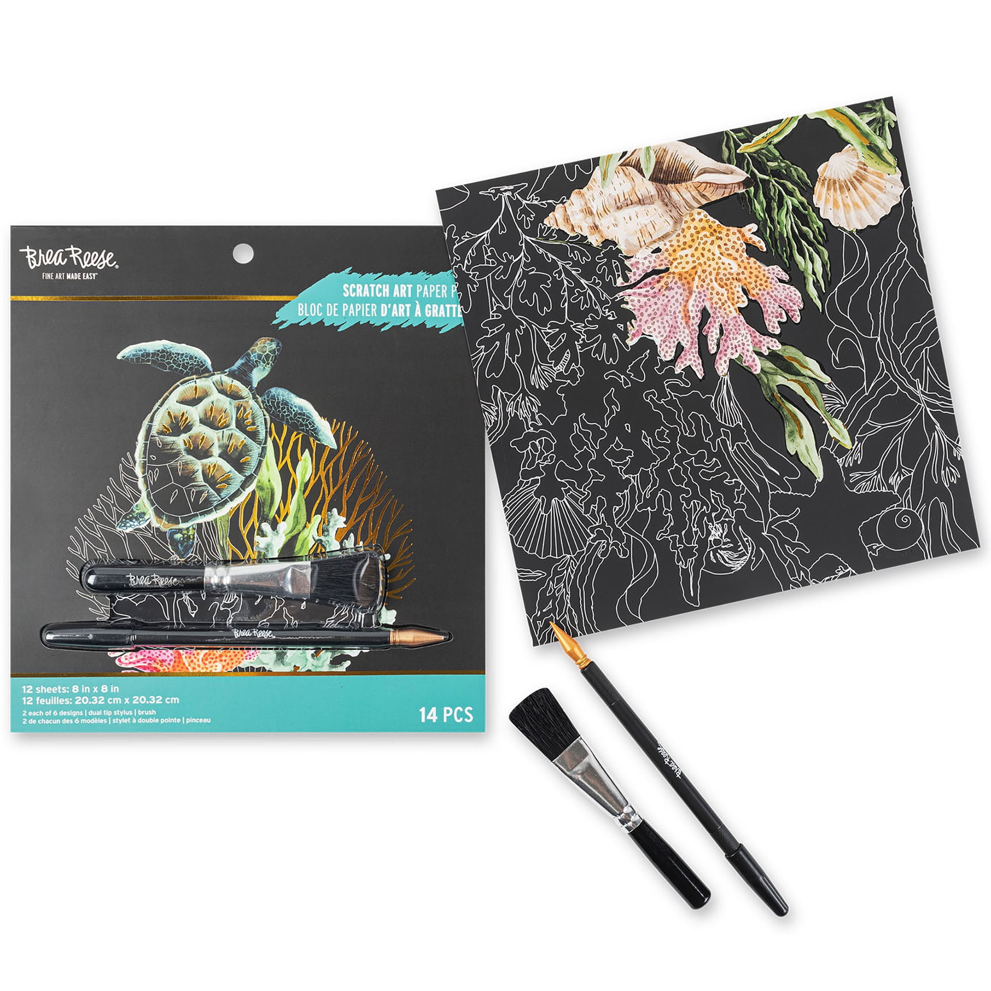 Brea Reese: Scratch Art Paper Pad - Under the Sea - 12 Sheets, 6 Guided Designs, Metallic Accents, Dual-Tip Stylus & Brush, 8x8" Pages, Adult Craft