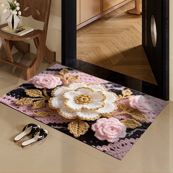 Steadline Floral Diatomaceous Earth Bath Mat with Fast Drying and Non-Slip Backing for Bathroom and Kitchen - Absorbent Entrance Rug with Imitation Wool Design for Home Decor