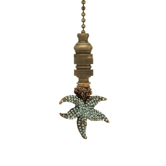 Starfish with Aagean Blue Glass Ceiling Fan Pull, 2.25"h with 12" Antiqued Brass Chain