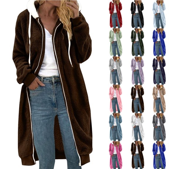 Womens Long Zip Up Hoodies Comfortable Fleece Fashion Sweatshirts 2026 Casual Jackets with Pockets Brown XXXXXL