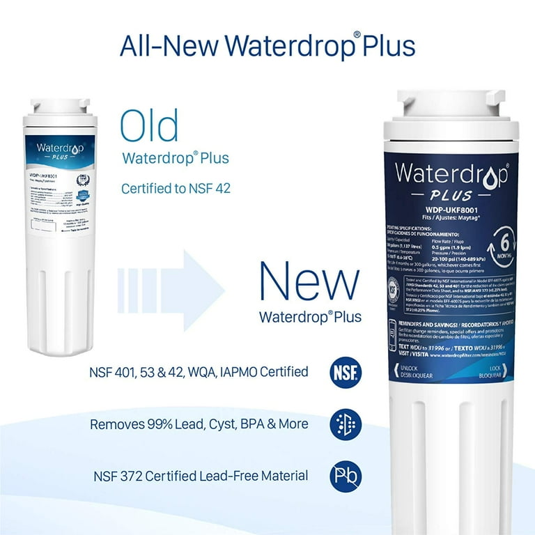 Waterdrop Plus UKF8001 NSF 401, 53&42 Certified Refrigerator Water Filter,  Compatible with Whirlpool Everydrop Filter 4, EDR4RXD1, Maytag UKF8001AXX,  4396395, Puriclean II, FMM-2 , 2 Filters 