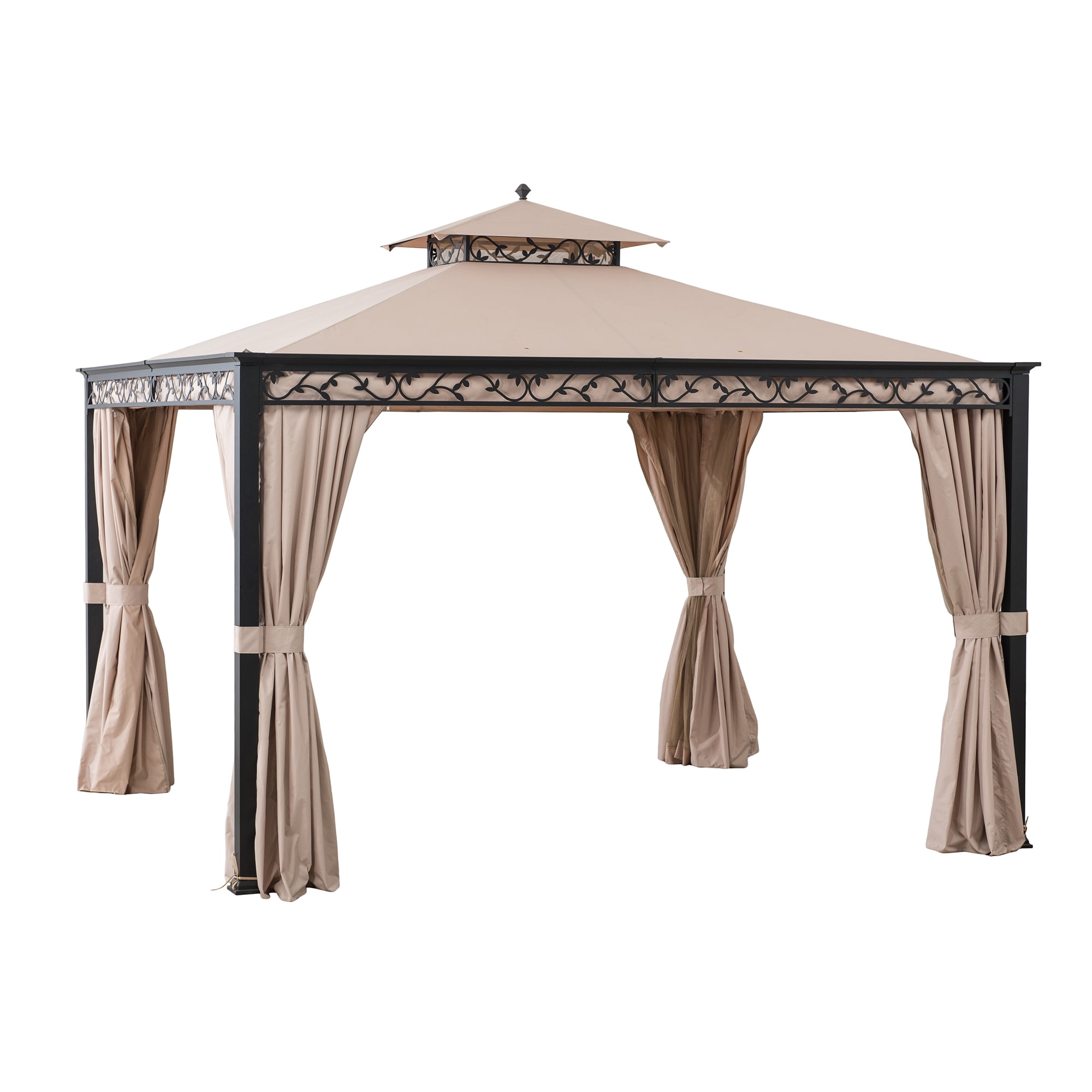 Sunjoy Gazebo à structure en acier 10 x 12 pieds Patio extérieur Gazebo à toit souple à 2 niveaux avec vigne décorative, filet, rideaux et crochet de plafond