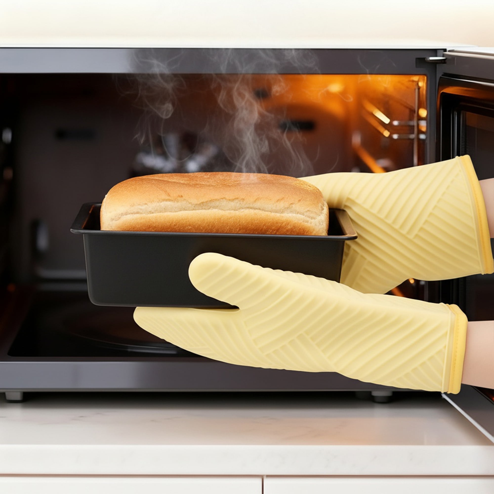 Unique Bargains Oven Mitts Pot Holders Heat Resistant Oven Gloves Yellow 13x7.5inch