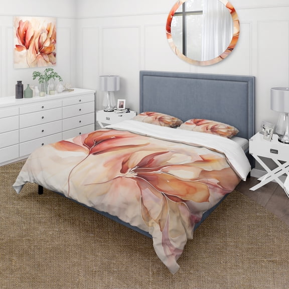 Designart "Apricot Blossom Waltz" Abstract Botanicals Bedding Covert Set - Modern Peach Abstract Bed Set With 2 Shams