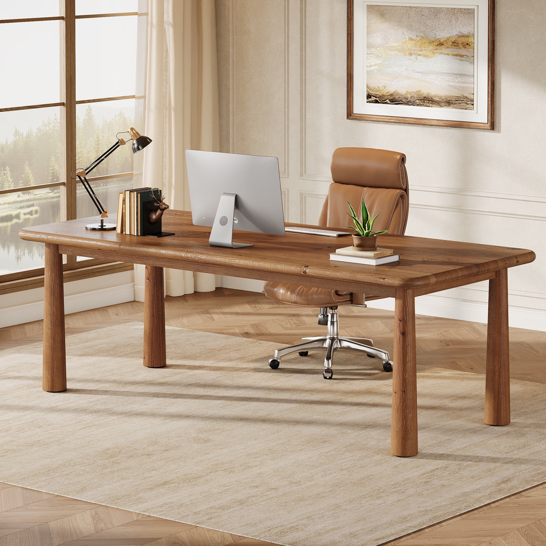 Finmind Solid Wood Executive Desk, 63-Inch Large Office Computer Desk with Heavy Duty Legs, Modern Study Writing Table Workstation for Home Office, Rustic Brown
