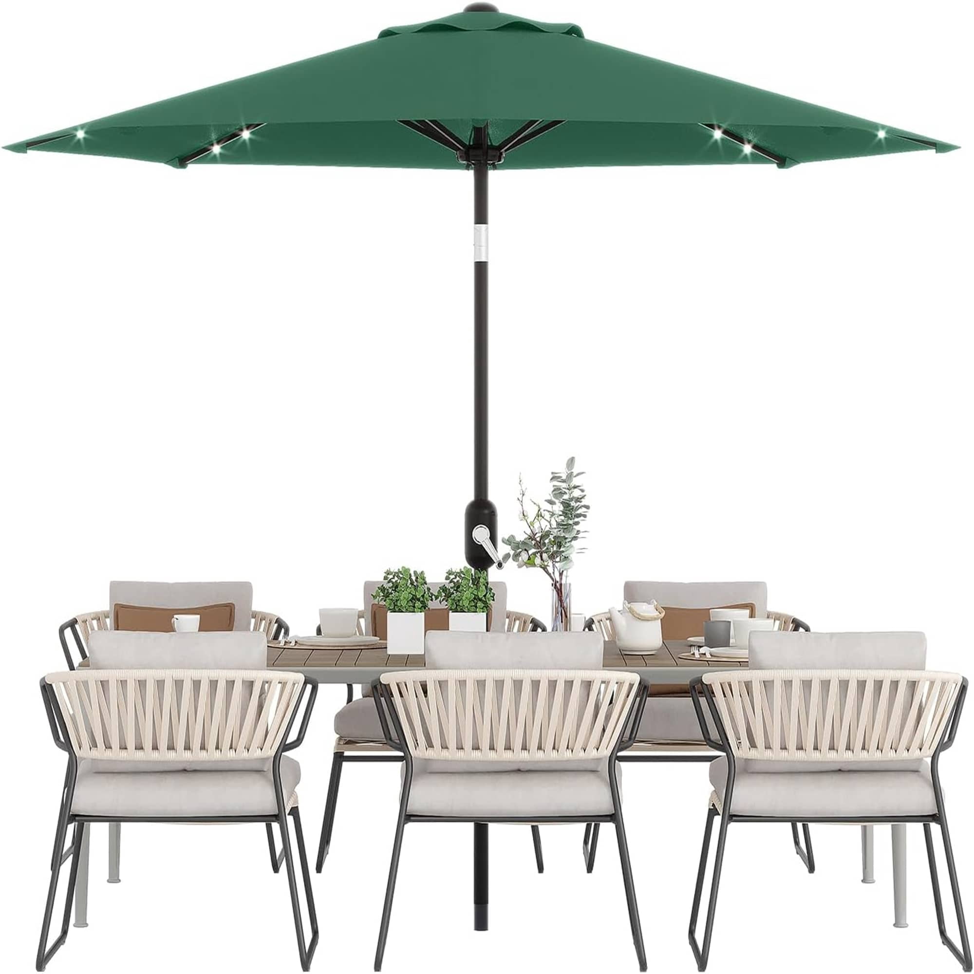 EastVita 10Ft Patio Umbrella with Solar Lights Outdoor Table Umbrella with 40 LED Lights and Tilt Crank Polyester Fabric Dark Green
