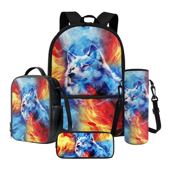 Xixirimido Wolf Red Blue Fire Pattern 4Pcs Children Schoolbag Set Large Capacity Backpack with Lunch Box Pencil Pouch and Water Bottle Holder Bag for Teens Boys Girls Bookbag Set