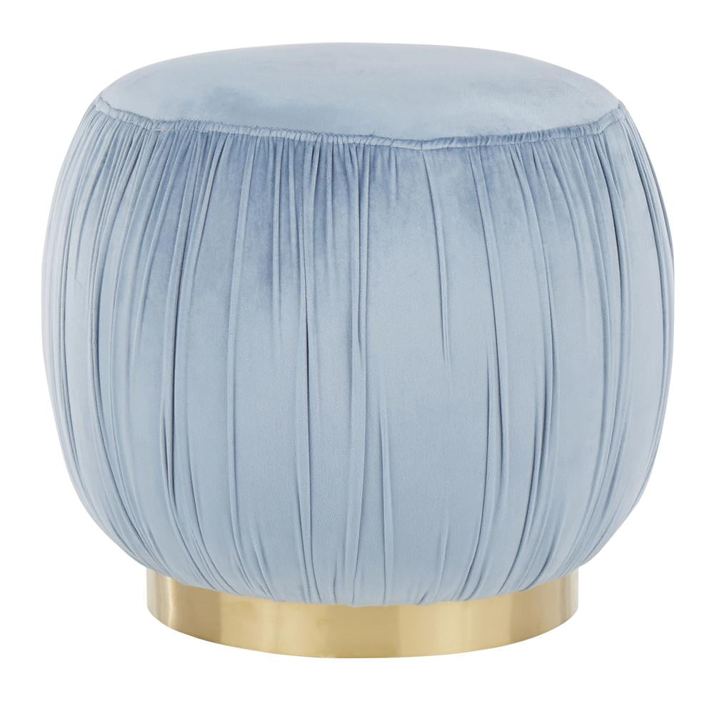 Ruched Contemporary Ottoman in Gold Metal and Powder Blue Velvet