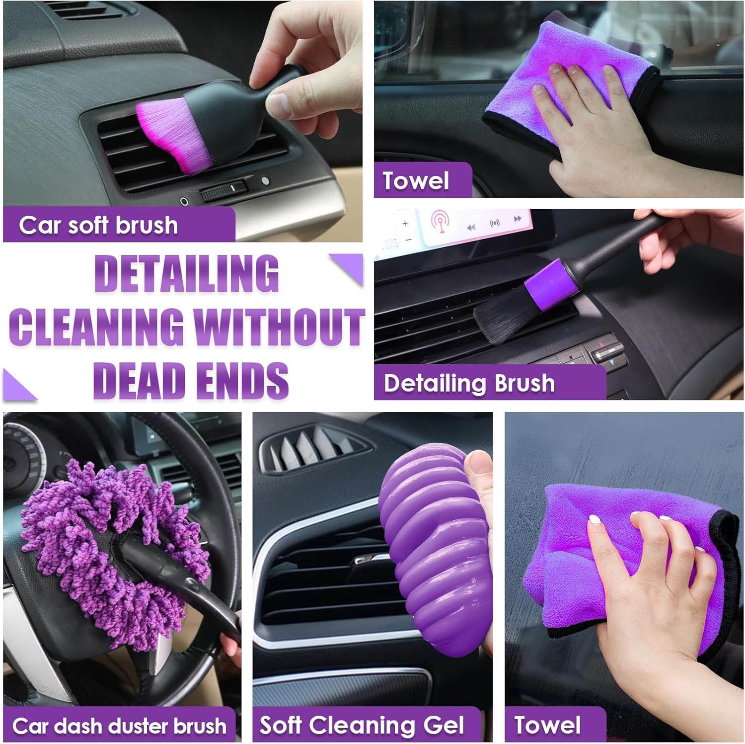 Car Cleaning Kit, Purple Interior Detailing Kit with Handheld Vacuum, Detailing Brush Set, Windshield Cleaner, Cleaning Gel, Complete Auto Accessories