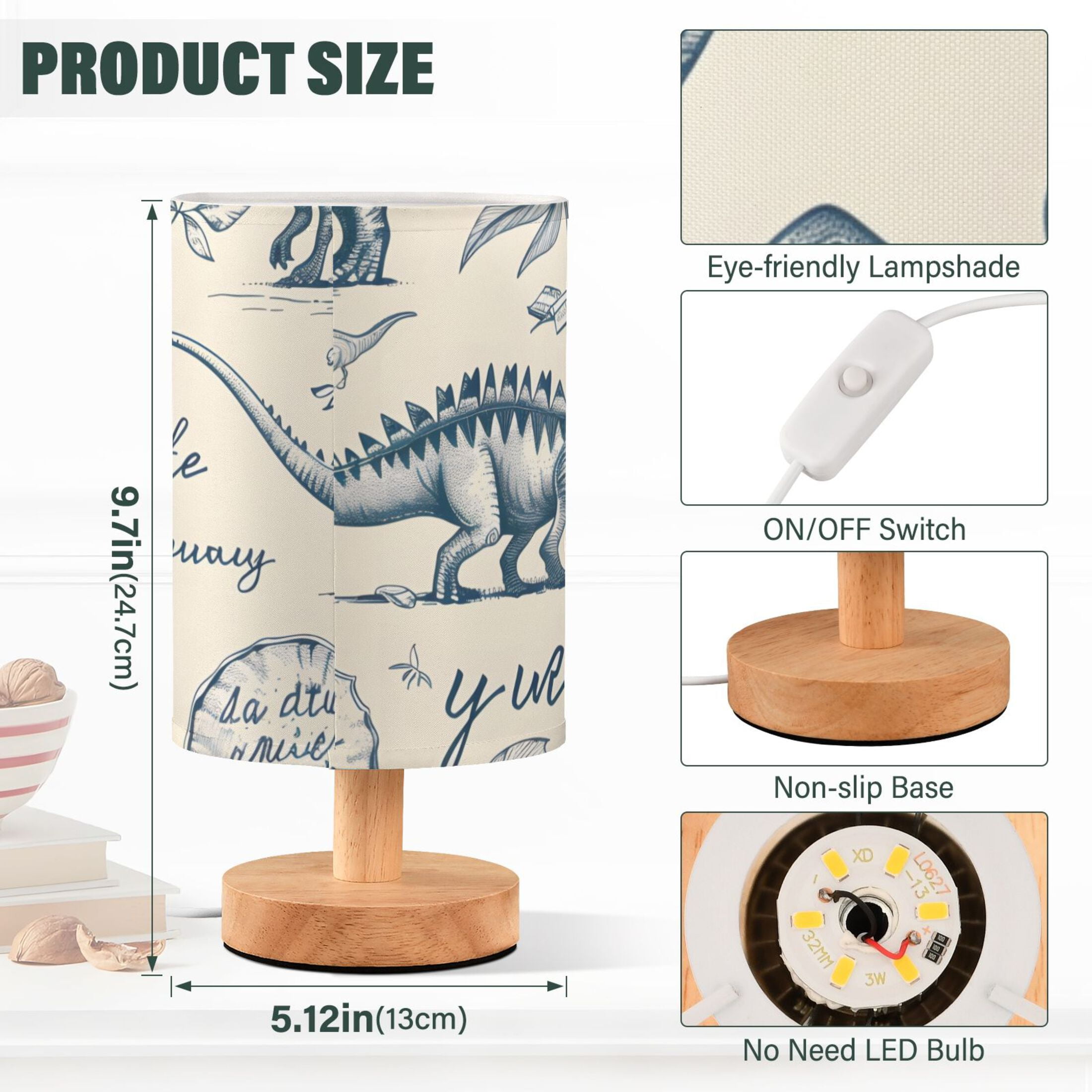 Hand-drawn Dinosaurs Table Lamp USB Bedside Desk Nightstand Lamp Printed Gifts Small Lamp Wood Base for Bedroom Living Room Kids Room College Dorm