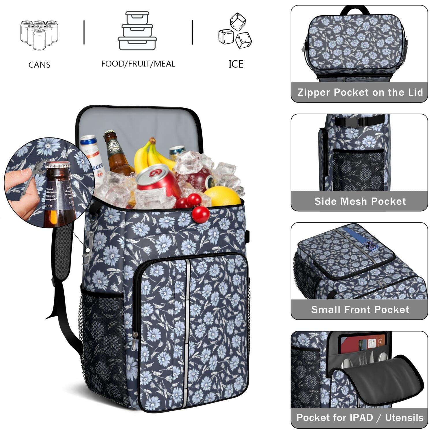 Travel Cooler Bag - Pioneer Flower Floral Print Pattern Camping Beer Cooler Backpack with Bottle Opener- Waterproof Insulated Picnic Backpacks - Cooler Bag for Beach