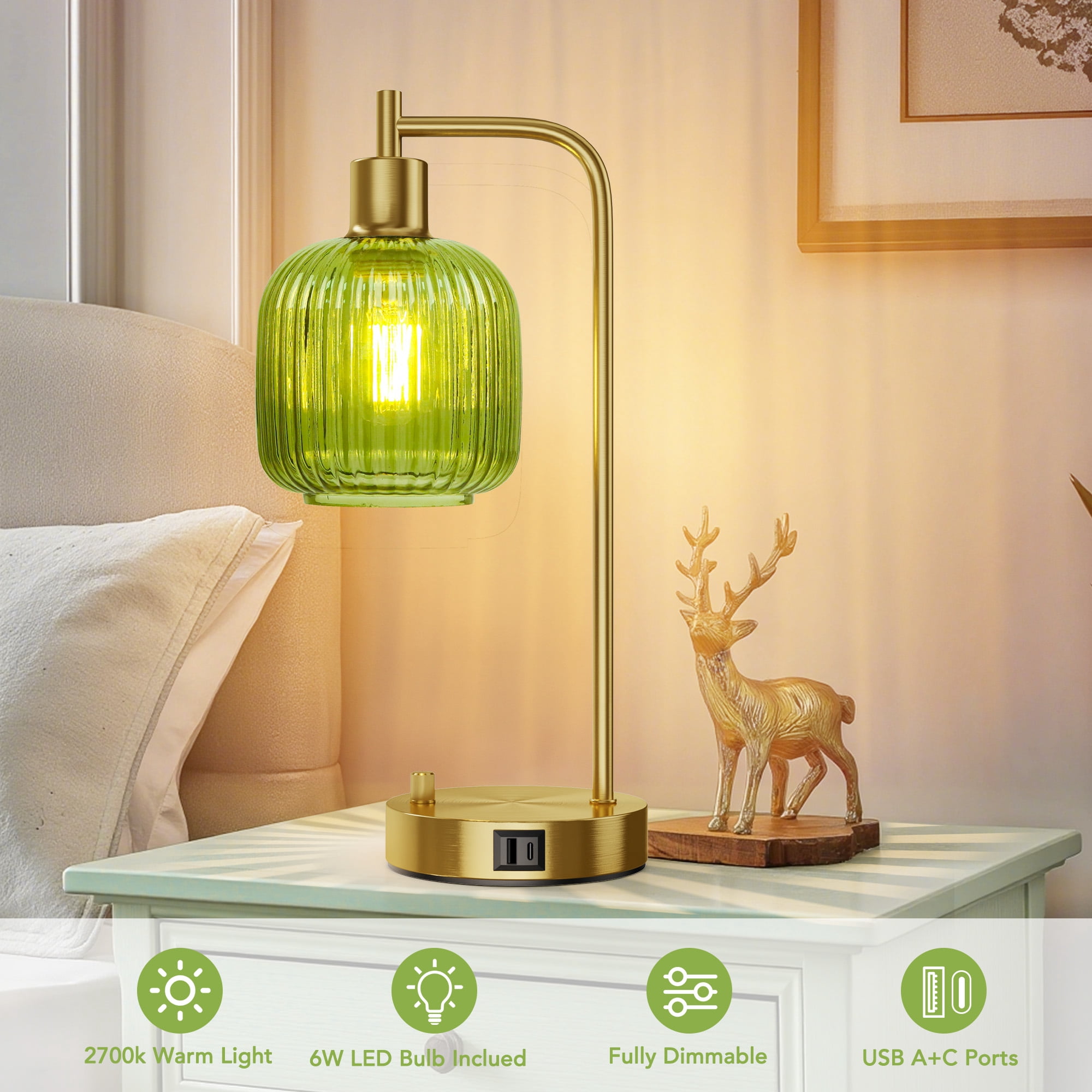 SparkGlowy Industrial Table Lamp for Bedroom Set of 2, Green Glass Beside Lamp with USB A&C Ports, Stepless Dimmable Gold Lamps, Nightstand Lamps for Living Room (Bulb Included)