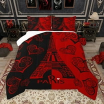 Manfei Romantic Eiffel Tower Bedding Comforter Set, Valentines Day Twin Comforter Sets, Black Red Love Heart Bedding Set, Lightweight Room Decor, 2-Piece