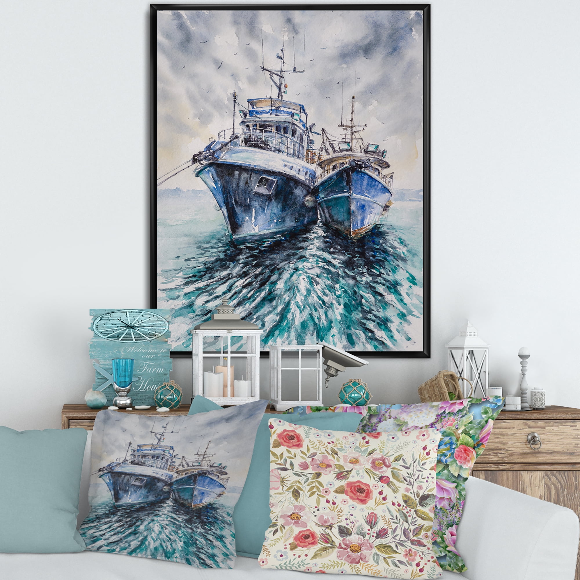 Designart 'Blue Fishing Boats Before A Storm Anchored' Nautical & Coastal Framed Canvas Wall Art Print