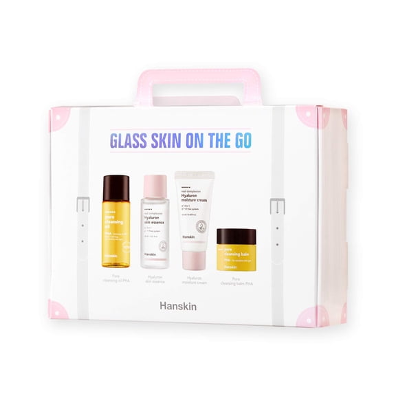 Hanskin Glass Skin On The Go Kit Juego de 4 hidratantes para viajes, juego de cuidado de la piel hidratante para piel brillante, limpiadores, esencia para la piel, tónico e hidratante, cuidado de la p