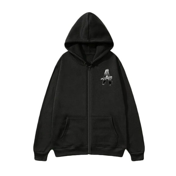 Lorytime Full Zip Hoodies for Men Letter Print Sweatshirt Long Sleeve Drawstring Pullover with Pocket Tops Black L